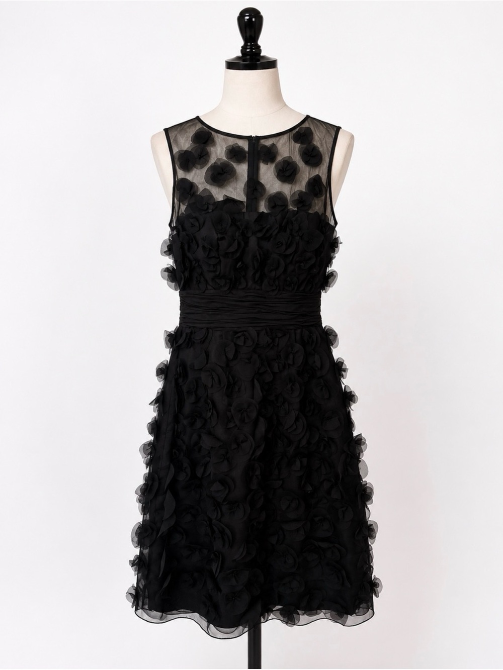 JS Collections Black Sheer Yoke Floral Appliqué Cocktail Dress